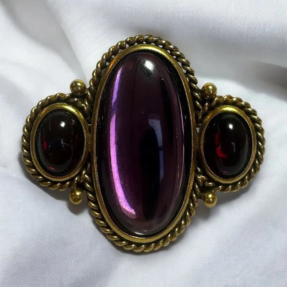 Vintage YSL YVES SAINT LAURENT Resin/Glass Cabochon Brooch w Braided Rope Metal